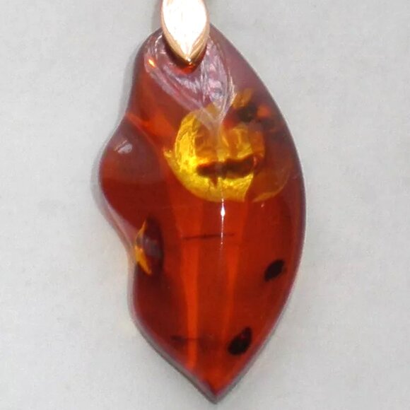 Vintage Russian Russia 14K 583 Rose Pink Gold Carved Baltic Honey Amber Pendant